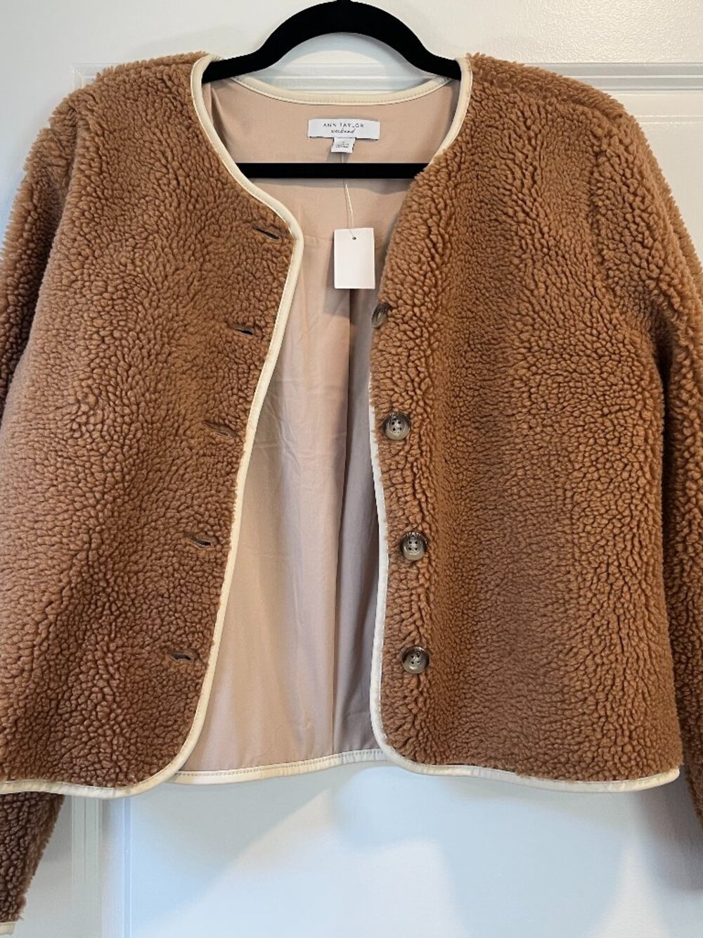 Ann Taylor Weekend Brown Sherpa Crew Neck Jacket - Women's S